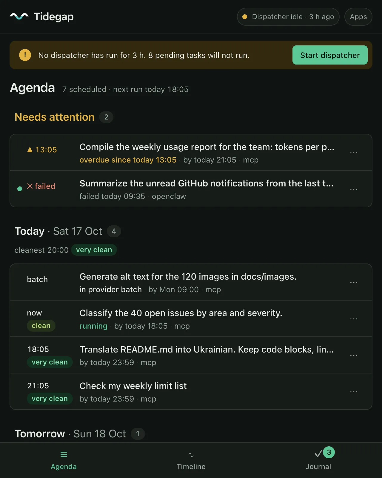 The tidegap ui page: an agenda of queued AI tasks grouped by day, each with its scheduled hour and a carbon band such as very clean