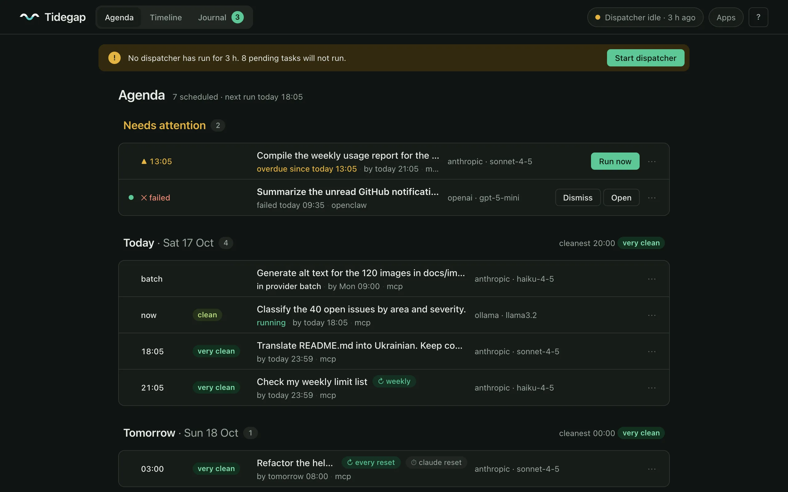 The tidegap ui page: an agenda of queued AI tasks grouped by day, each with its scheduled hour and a carbon band such as very clean
